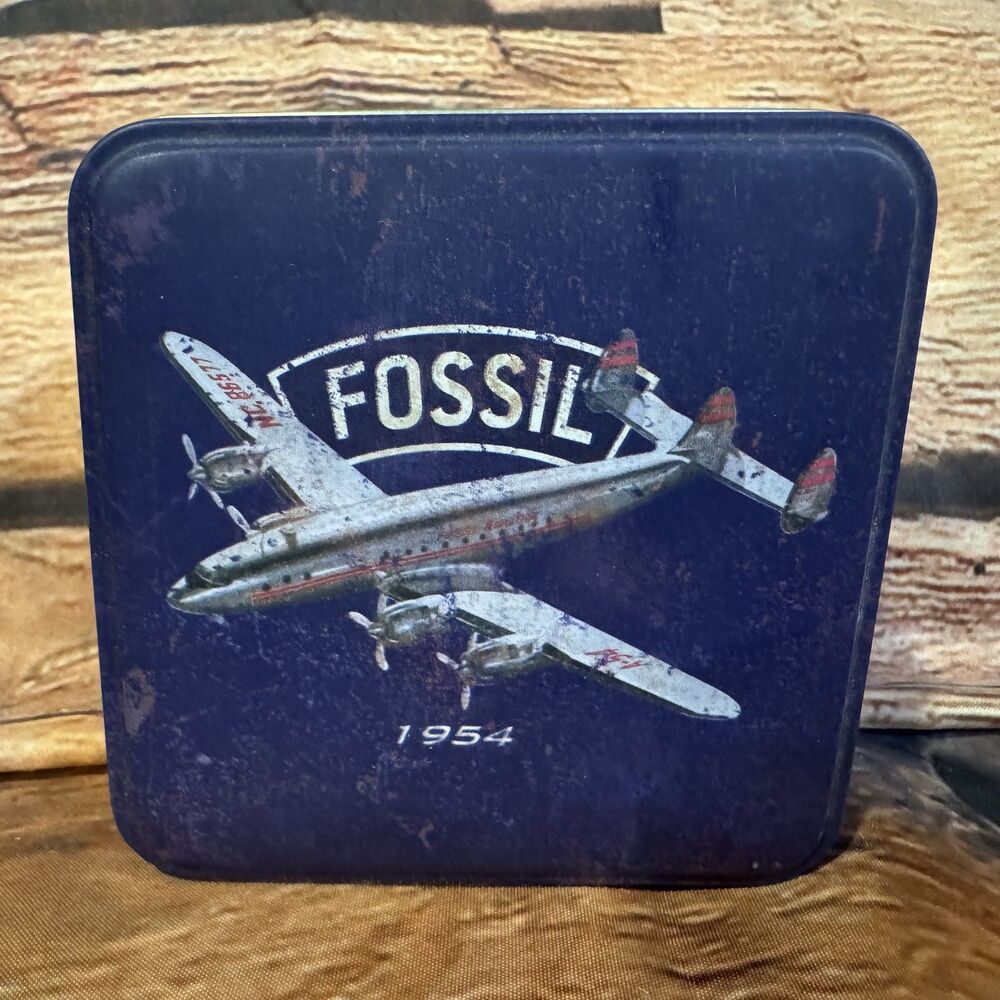 Vintage Fossil 1954 Airplane Watch Tin Box Blue Propeller Plane Advertising 2000